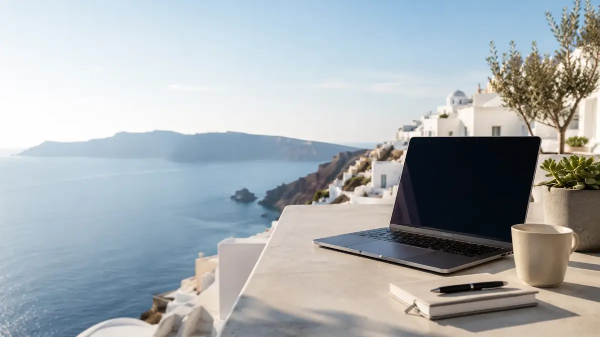 MacBook workspace overlooking Santorini and the Aegean Sea
