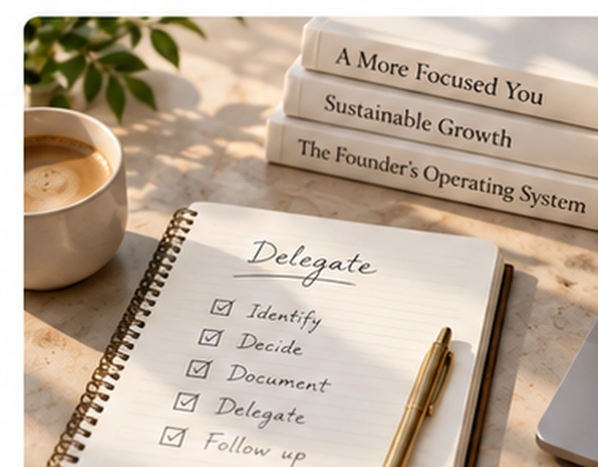 Delegation planning notebook with checklist and founder operating system books