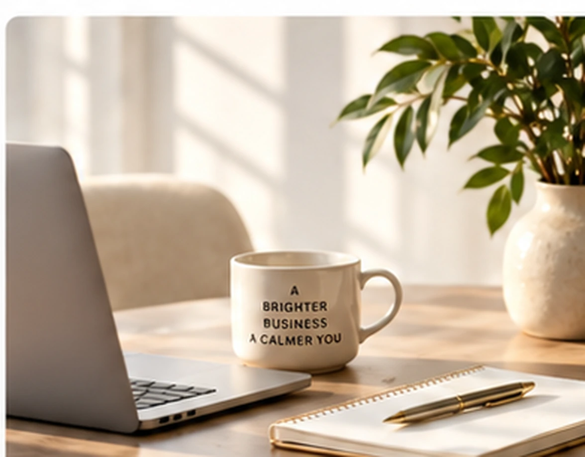 Calm founder workspace with laptop, notebook and coffee